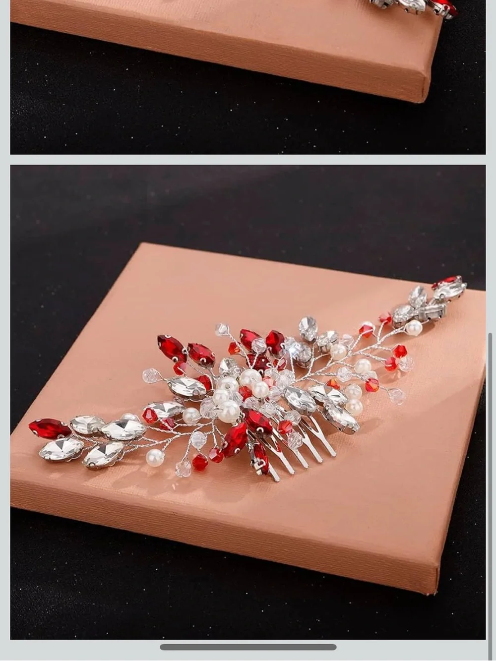Amazon Red and Silver Bridal Hair Comb with Pearls and Crystals